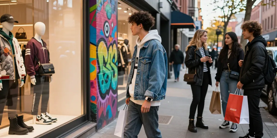 Young person exploring 레플리카 fashion in a vibrant urban shopping scene, stylish streetwear outfit against a colorful graffiti backdrop.
