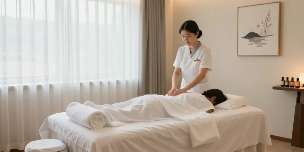 Serene massage room ready for 노원출장마사지 session with calming ambiance.