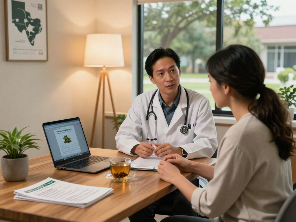 A consultation on obtaining a Texas MMJ card in a comfortable office, featuring a healthcare provider discussing benefits with a patient.