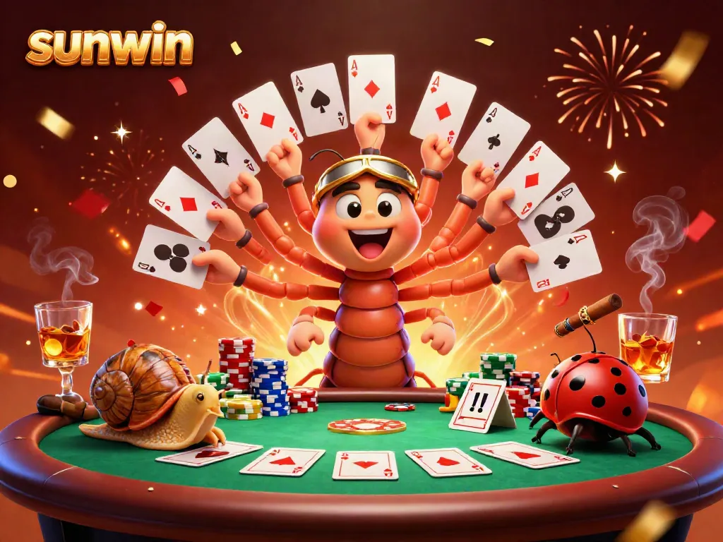 Experience thrilling gameplay with Sunwin's lively cartoon casino scene with a millipede dealer and exciting poker elements.