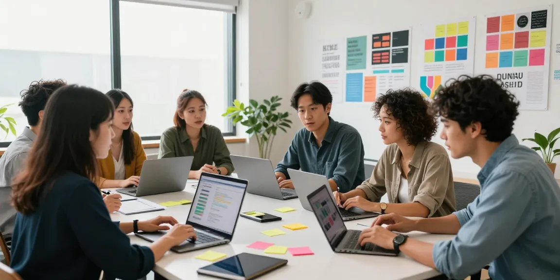 Team collaboration on a mixboard in a vibrant workspace, showcasing creative brainstorming.