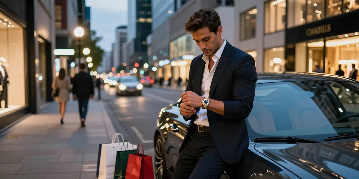 Stylish individual showcasing a rolex replica in an upscale urban environment, highlighting luxury fashion.