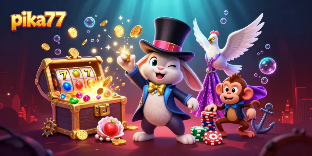 Experience the vibrant world of pika77 with a lively 3D casino scene featuring a magician rabbit and exciting game elements.