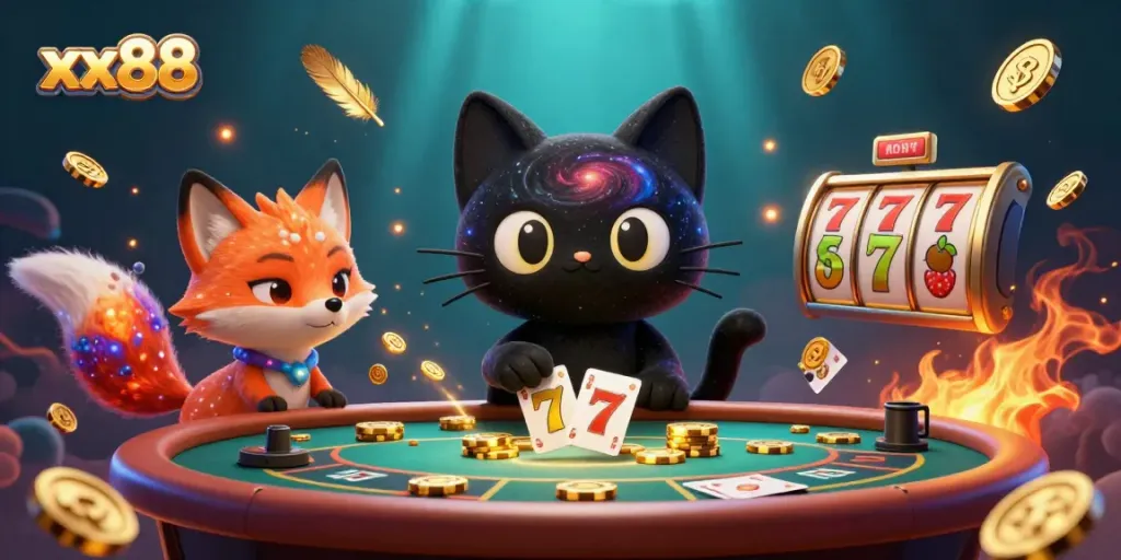 Experience the thrill of the cosmic casino with xx88 as the black hole cat pulls in golden chips and slots.