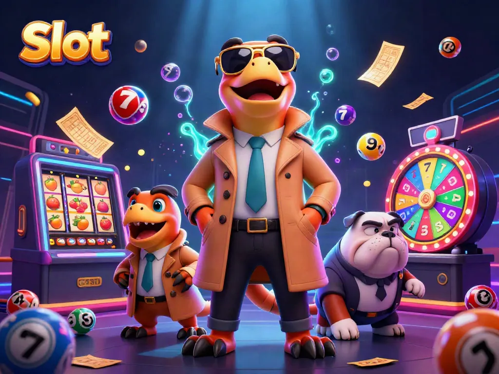 Slot yang menarik dengan tiga raptor konyol mencoba menyusup ke lounge kasino VIP.