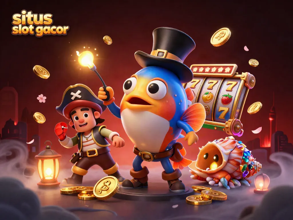 Gambar situs slot gacor yang menarik dengan ikan pancing dalam topi menarik koin emas.