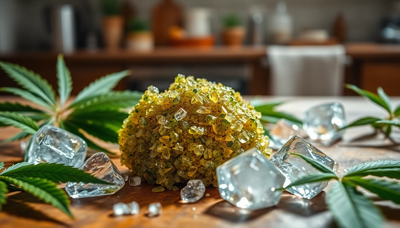 View bubble hash online with vibrant cannabis leaves and ice creating a fresh atmosphere.