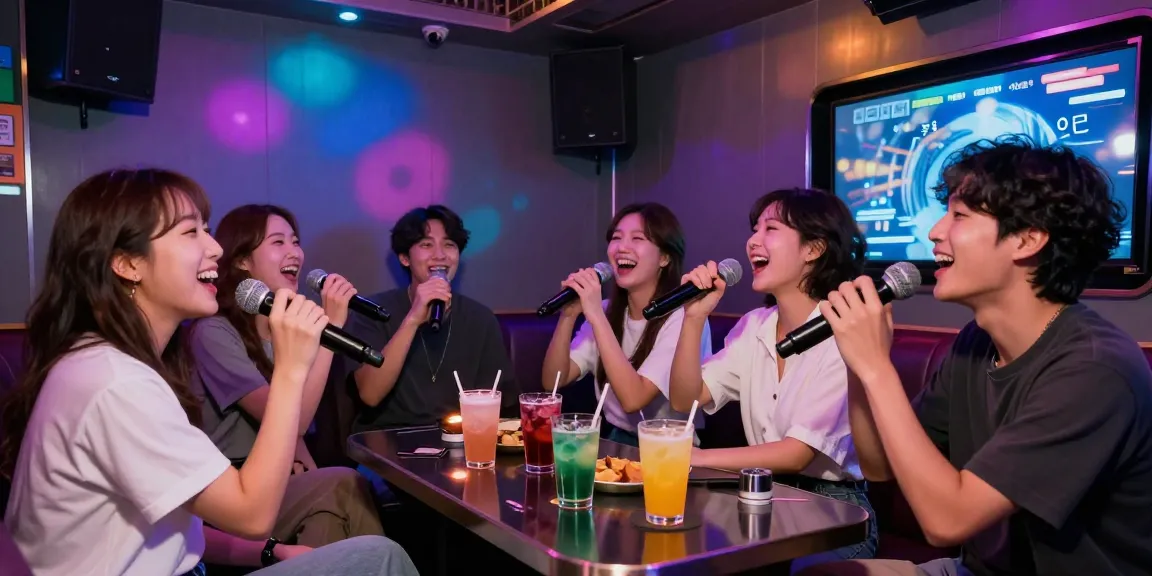 제주유흥을 경험하는 친구들의 즐거운 노래방 시간, 화려한 조명과 음료가 어우러진 생동감 있는 밤.