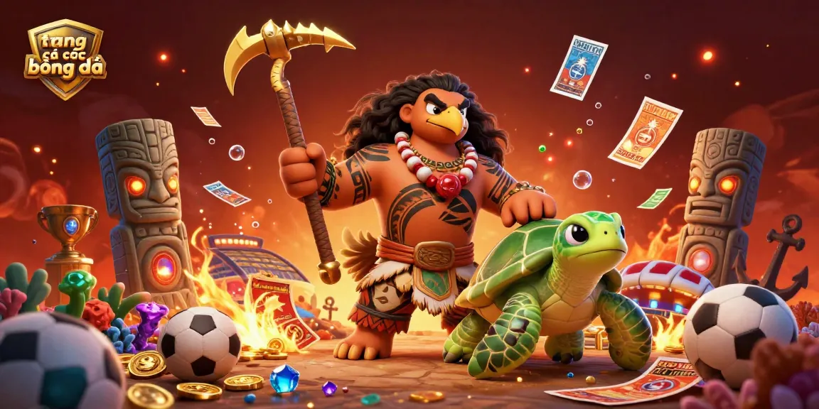 Engage in thrilling sports betting with trang cá cược bóng đá, displayed in a vibrant 3D scene featuring a hawk demigod and charming turtle.