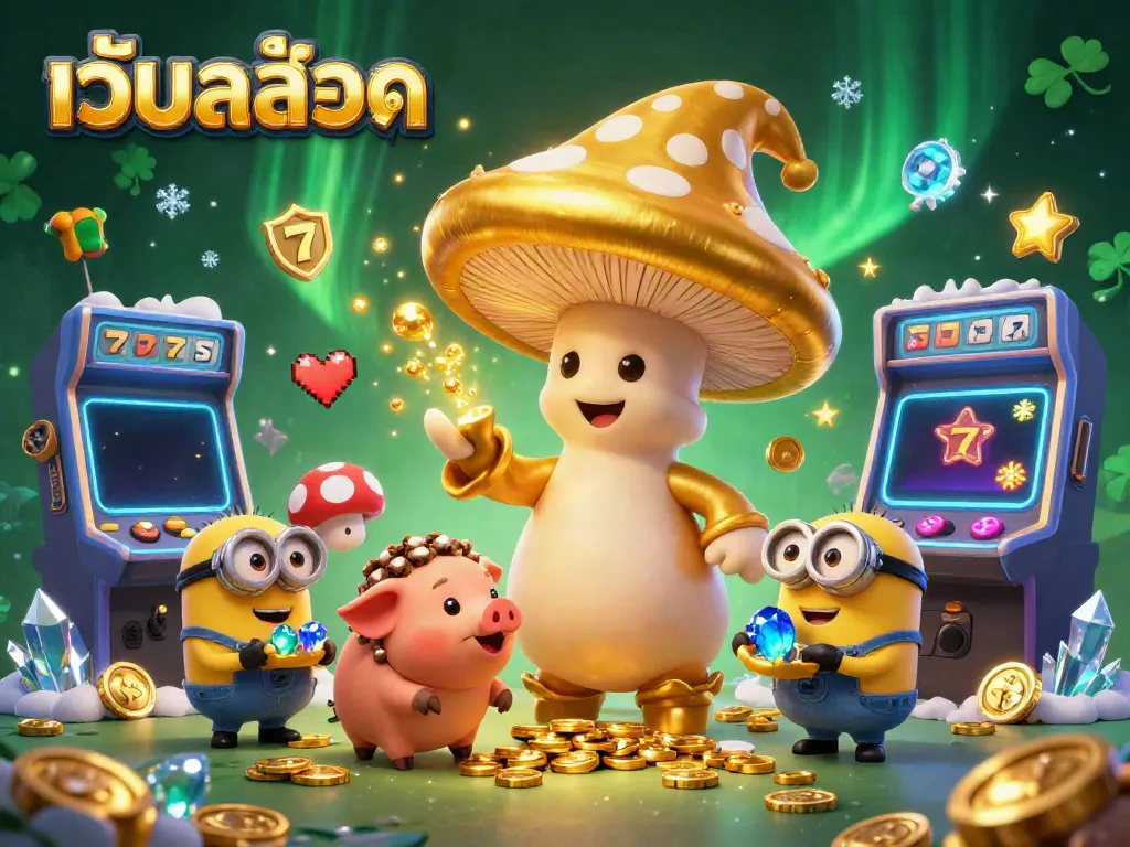 Experience the thrill of เว็บสล็อต with a magical 3D scene featuring a golden wizard and treasure-hunting pig.