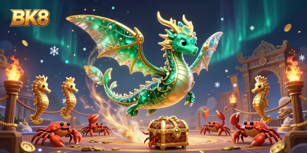 Engage with BK8's vibrant casino experience featuring a leafy sea dragon and treasure chest amidst a dynamic gambling scene.