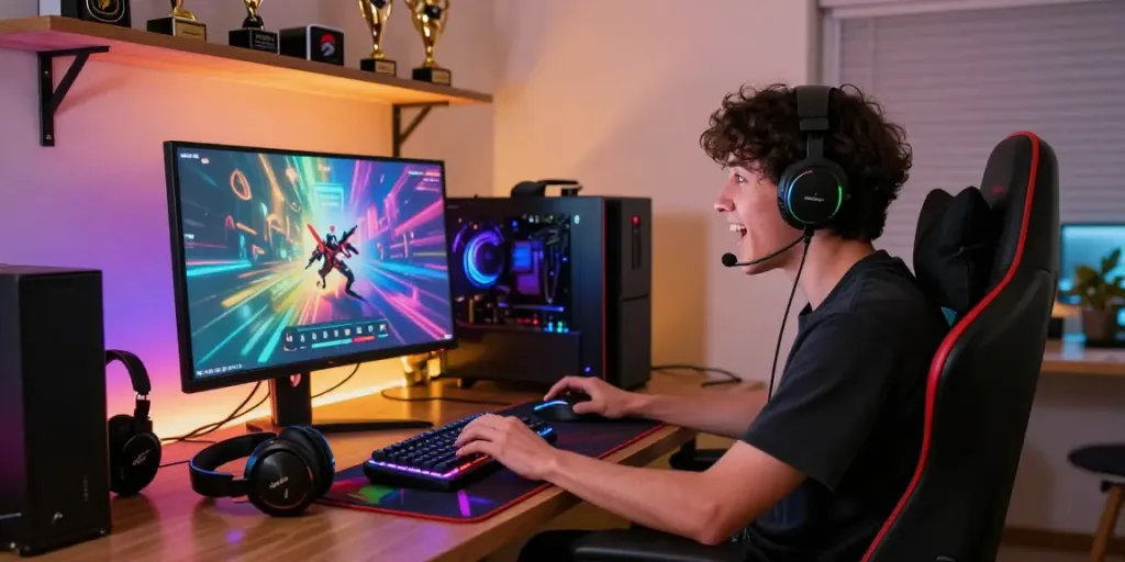 Exciting gameplay experience at a modern gaming setup featuring slot gacor hari ini highlights, colorful interface, and vibrant accessories.