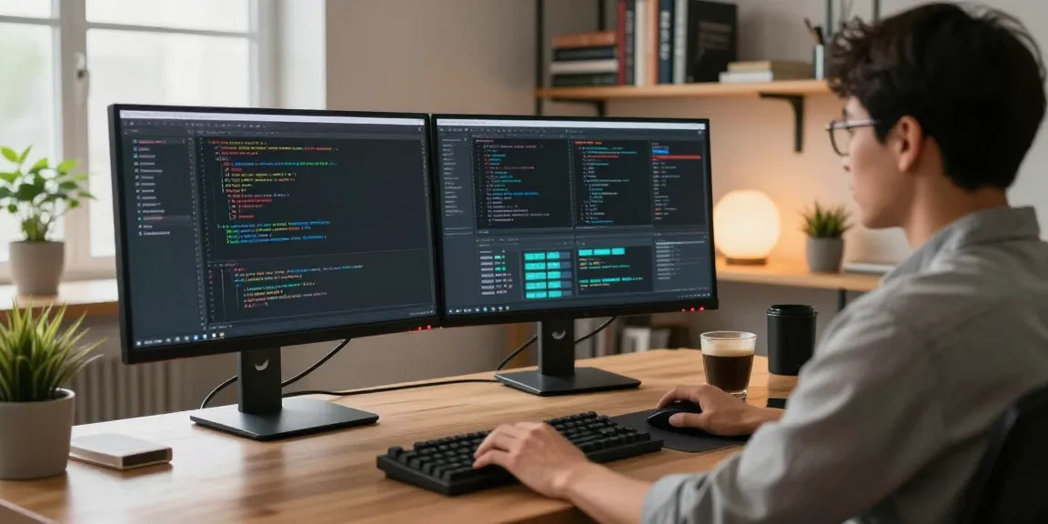 KoboldAI developer working on dual monitors in a modern workspace, showcasing innovative AI technology.