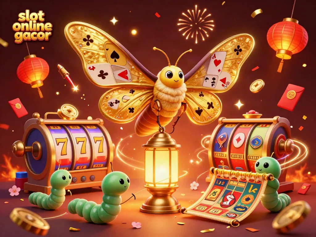 Engage with slot online gacor by exploring vibrant casino-themed visuals featuring a golden moth and dynamic jackpot scenes.