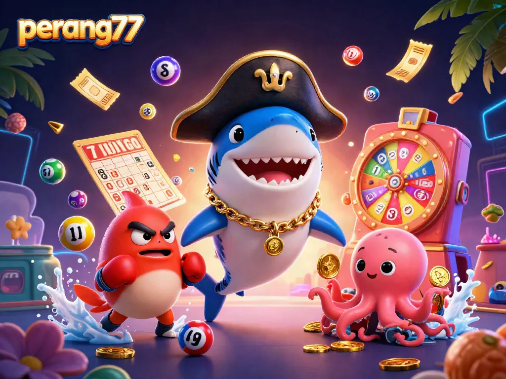 Memenangkan jackpot dengan permainan perang77, kartun hiu bajak laut dan ikan puffer dalam kota kasino.