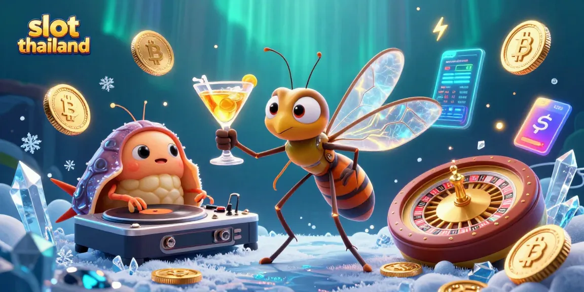 Spin and win with slot thailand featuring a lively scene of a casino mascot, trilobite DJ, and dynamic gameplay elements.