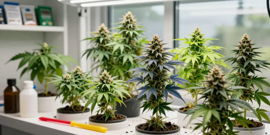Explore diverse female cannabis seed varieties in a vibrant hydroponic growing setup.