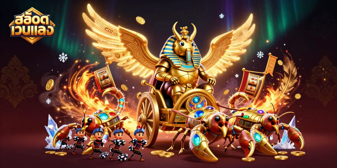 Spin slot reels with สล็อตเว็บตรง in captivating 3D scene with mythical elements and golden treasures.