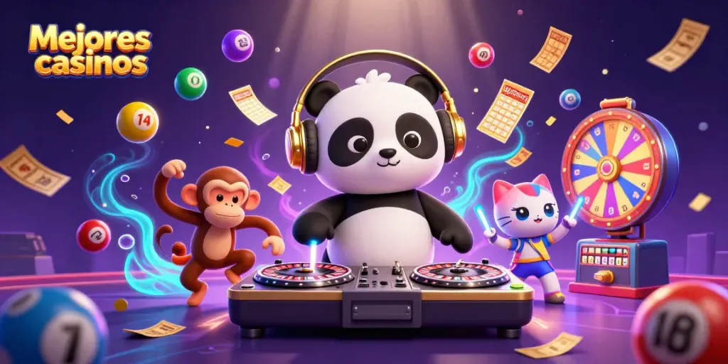 Juego emocionante en los mejores casinos, con un panda DJ y un mono bailando en un vibrante ambiente.