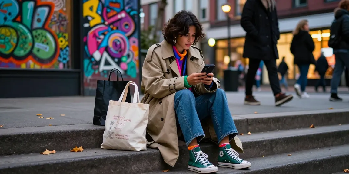 Urban street fashion lifestyle scene featuring stylish individual exploring shopping options at https://shs-dome5.com/.