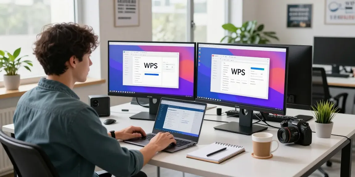 Download WPS Office in modern workspace with developer using laptops and tech gadgets, bright productivity-focused environment.