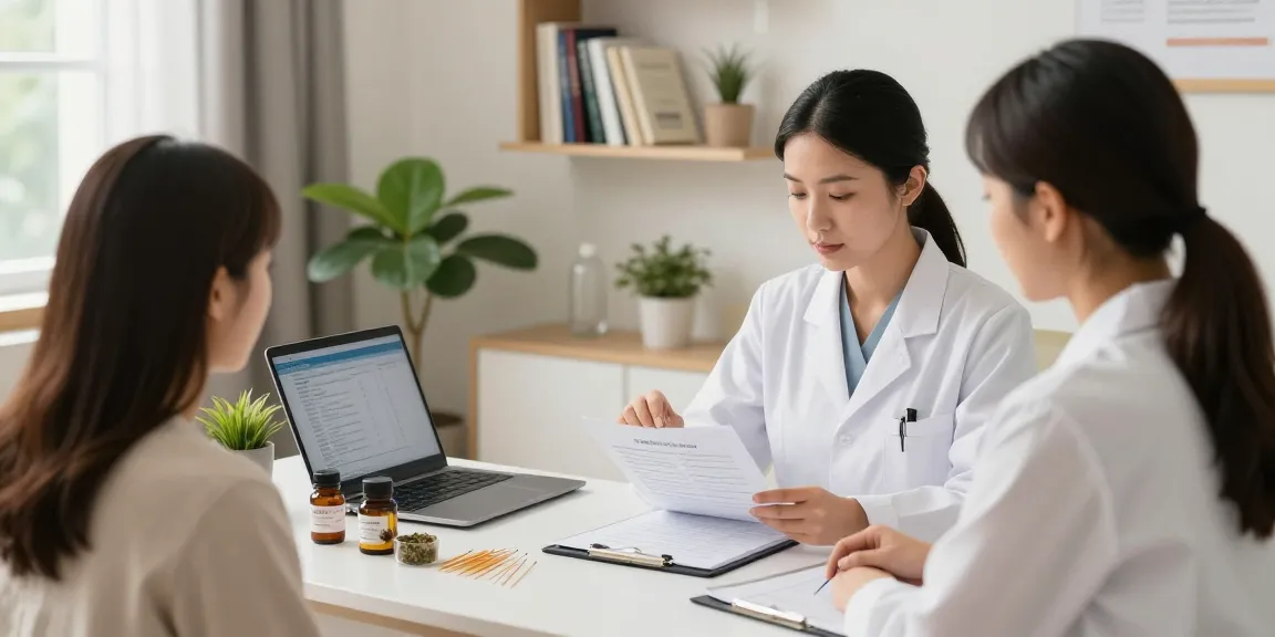 Consultation at 수원한의원 showcasing a practitioner discussing holistic health remedies with a patient in a soothing environment.