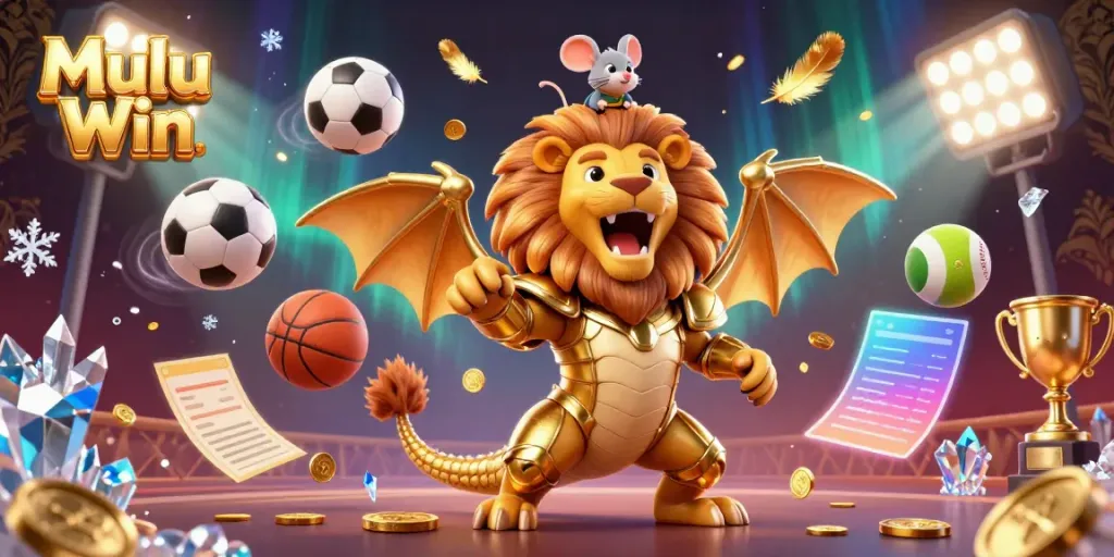 Experience the thrill of Mulu Win with a roaring chimera, vibrant sports elements, and a mouse jockey in an energetic gaming scene.