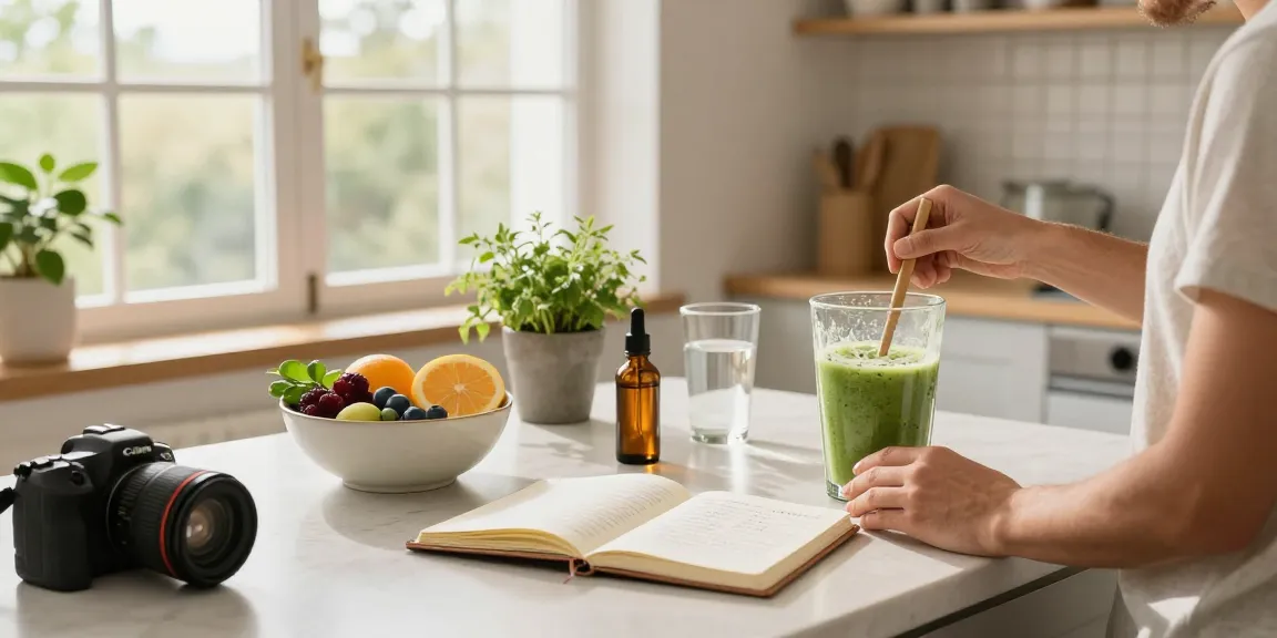 cbd edibles preparation in a bright kitchen with fresh fruits, wellness journal, and CBD oil