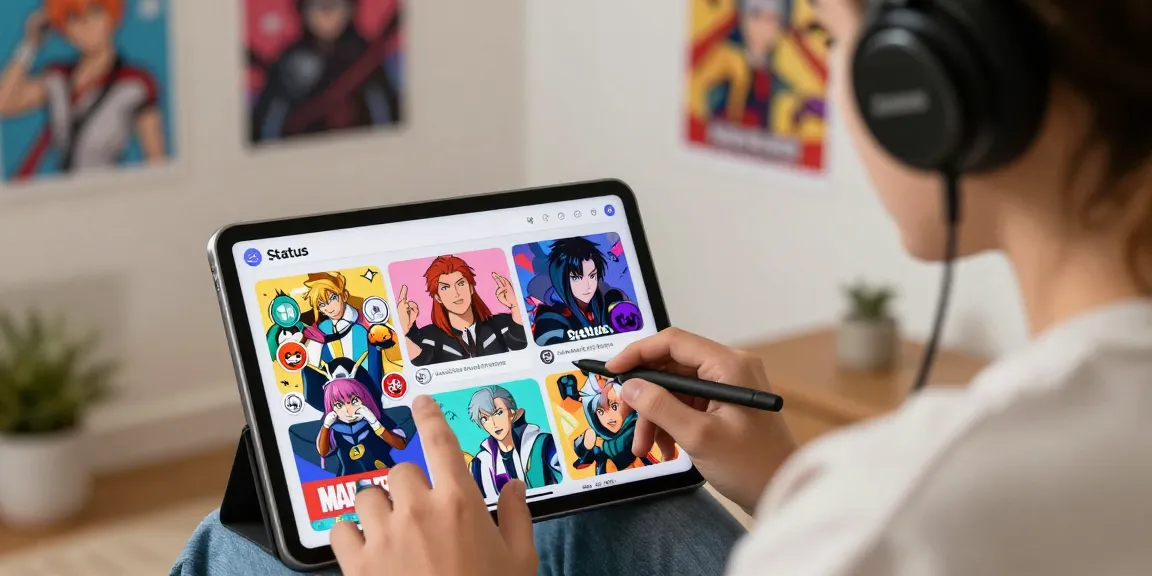 User engaging with the vibrant Status app, showcasing avatars and fandoms in a cozy, inviting setting.