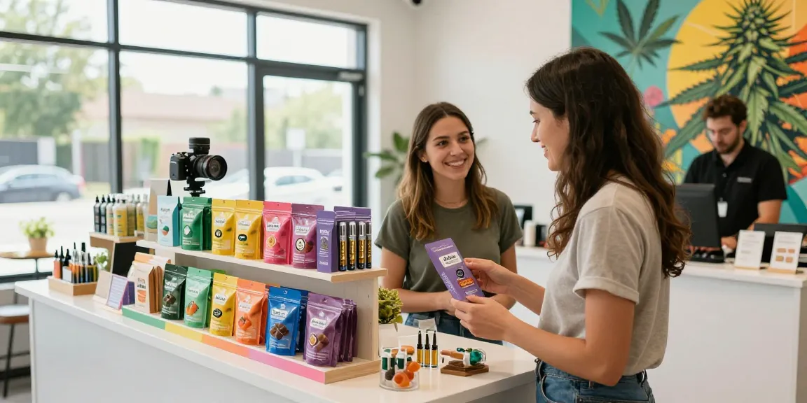 Customer exploring Muha Meds cannabis products in a vibrant shop setting.