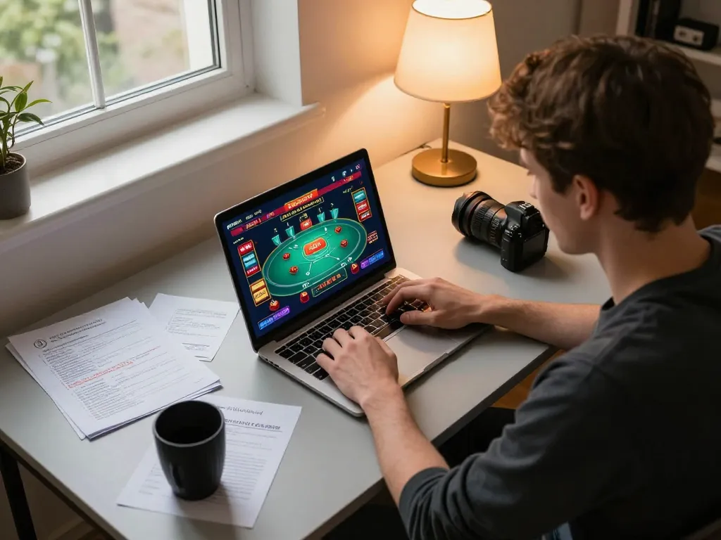 Player engaging in online poker gaming on a laptop, showcasing rik strategies and bankroll management tips.