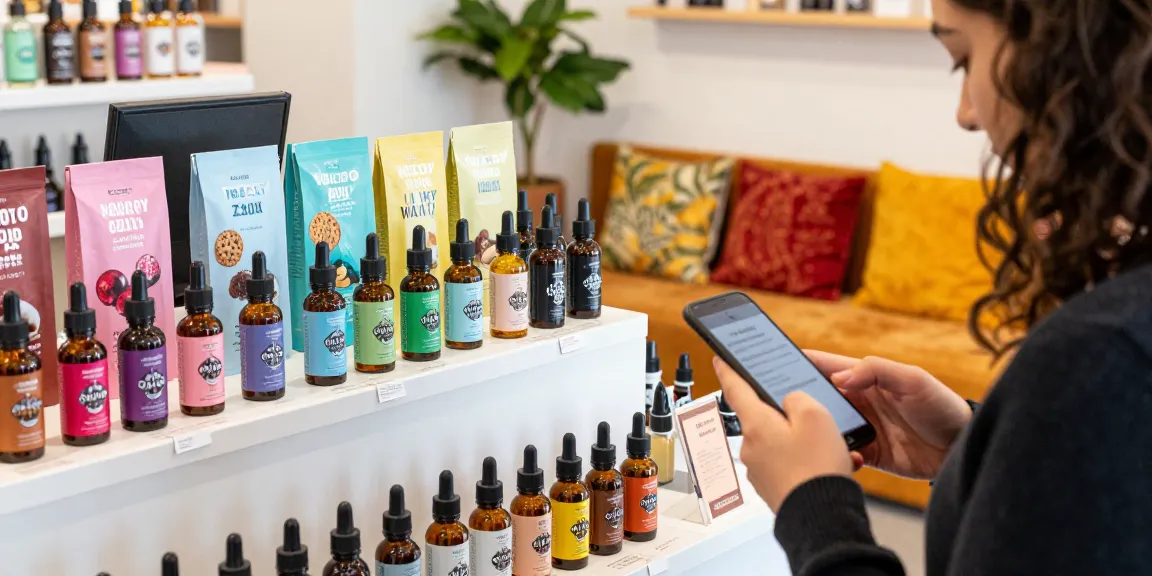 THC vape The 10/10 Boys e-liquids on display with a customer engaged in shopping.