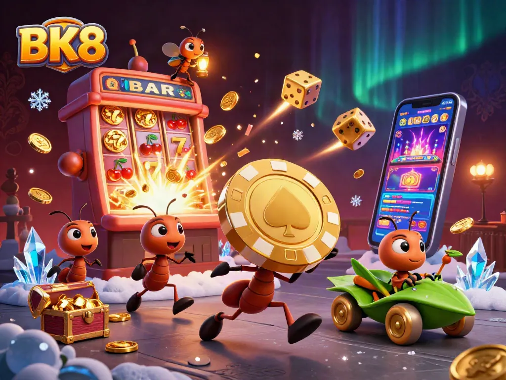 Play exciting slots and win at BK8, featuring a 3D heist scene with ants and vibrant casino elements.