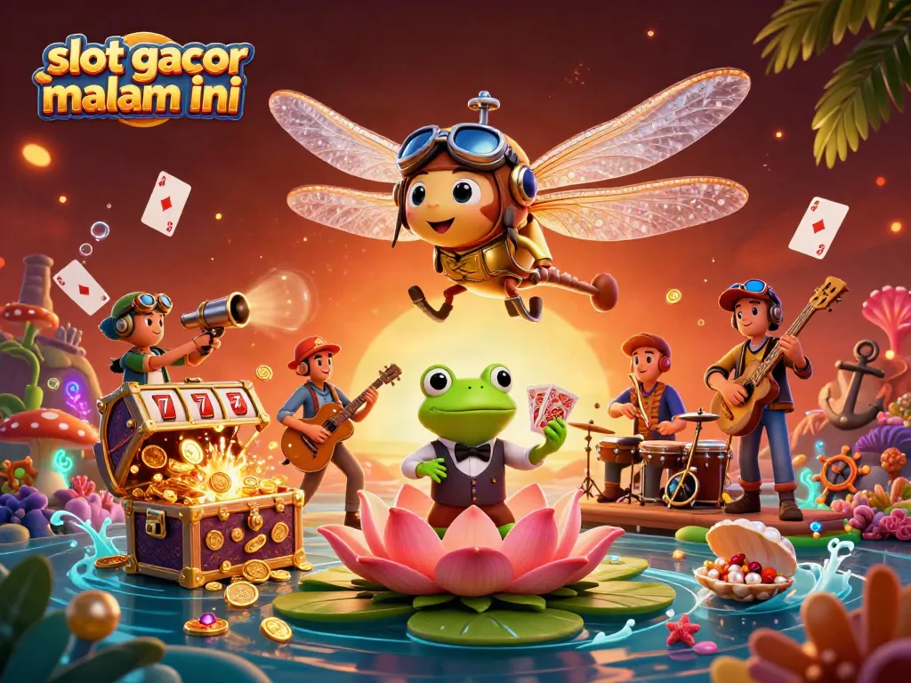Slot gacor malam ini menunjukkan ilustrasi kasino dengan naga terbang dan dealer kodok di bawah.