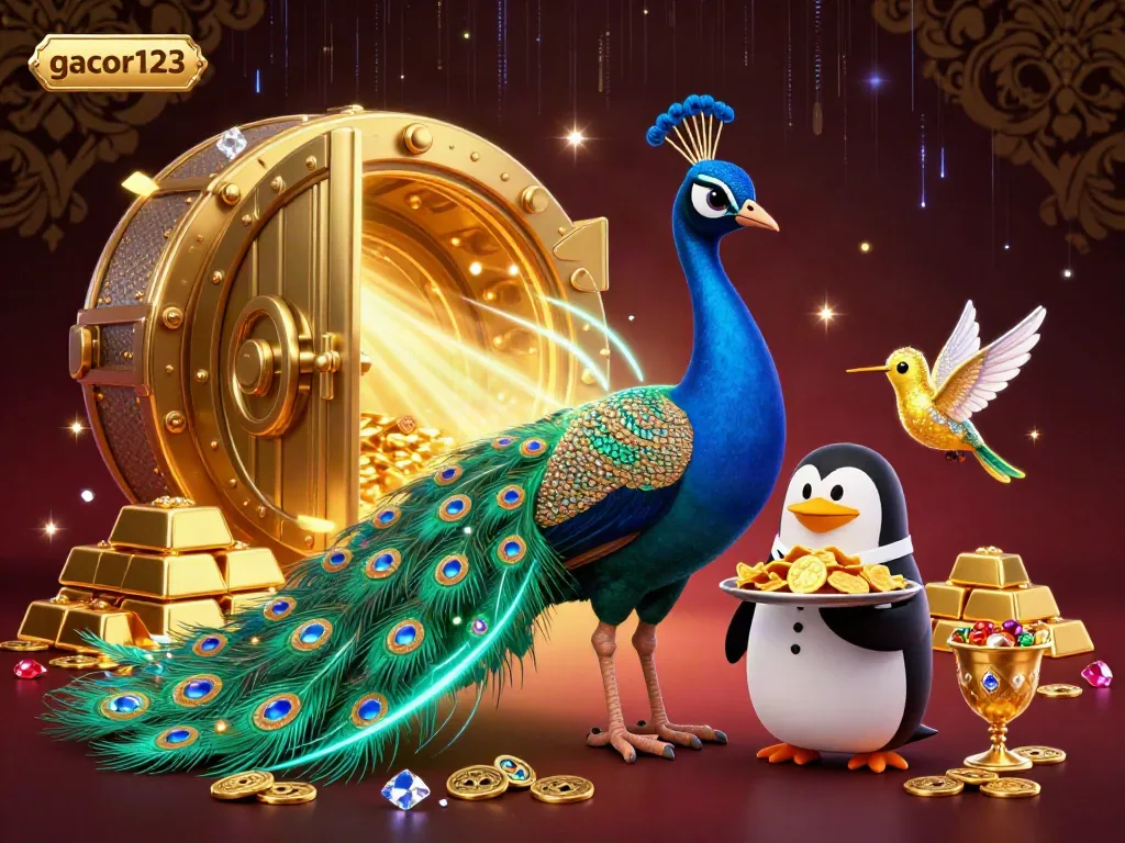 Experience the excitement of gacor123 with dazzling characters surrounded by golden treasures and casino elements.
