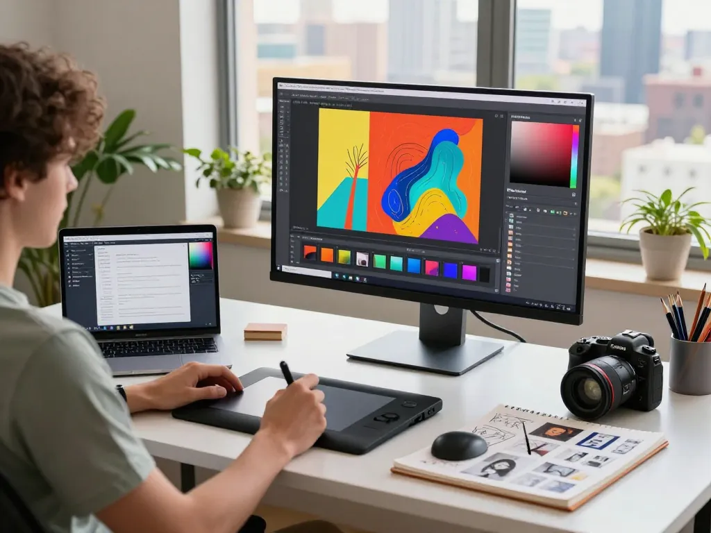 Person using nano banana AI image editor in a vibrant digital workspace.