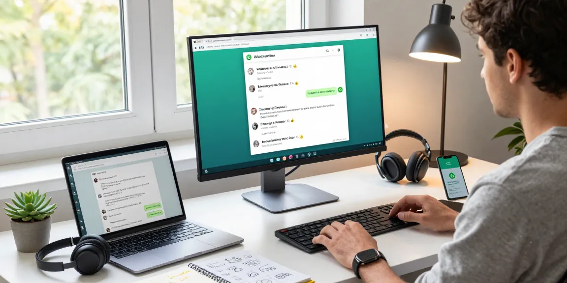 User engaging with WhatsApp電腦版 on desktop in a modern home office.