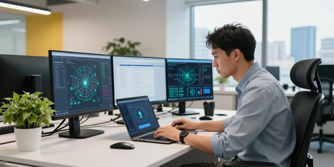 Professional analyzing security protocols on laptop at https://shs-dome5.com/ in modern workspace.