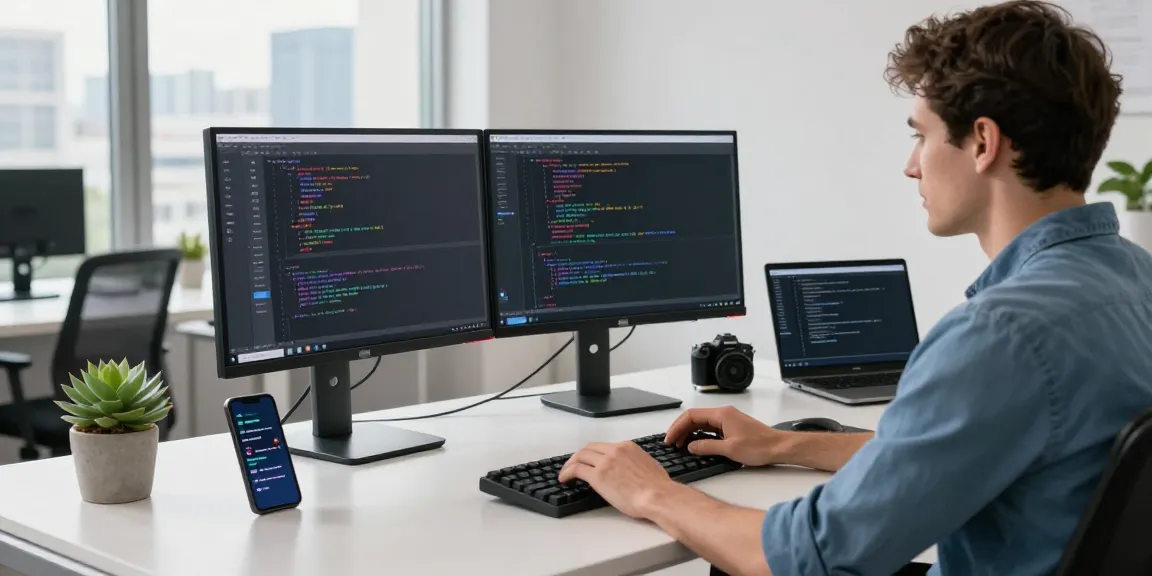 telegram中文版下载 on a developer's dual-screen setup in a bright office.