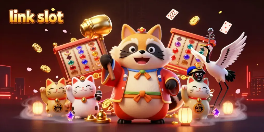 Mengakses link slot dengan gambar karakter beruntung dan elemen kasino yang menarik.