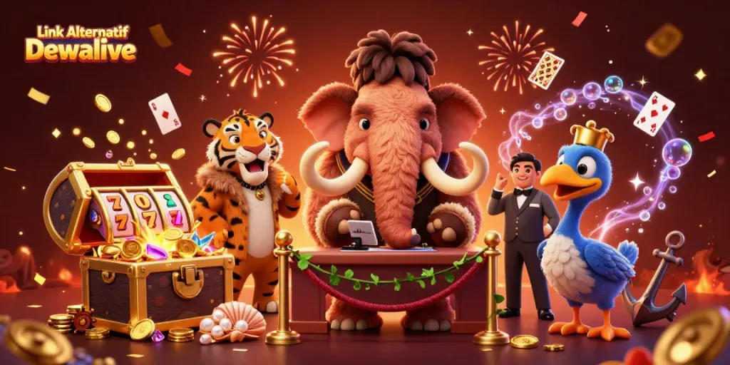 Engage with Link Alternatif Dewalive's vibrant casino scene featuring a mammoth bouncer and dynamic gaming elements.