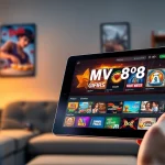 Engaging MV88 game interface on a tablet in a cozy living room, inviting gaming atmosphere.