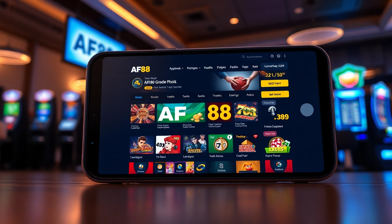 Illustration of AF88 com online gambling platform displaying sports and casino games with customer support features.