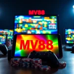 MV88 game digital gaming scene showcasing modern devices and vibrant atmosphere.