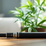 Experience a refined cannabis vape with an elegant pen showcasing its sleek design and natural elements.