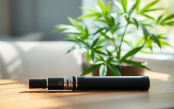 Experience a refined cannabis vape with an elegant pen showcasing its sleek design and natural elements.