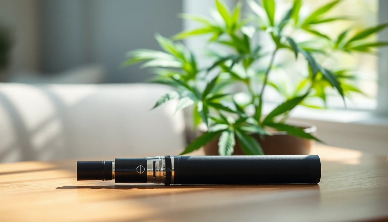 Experience a refined cannabis vape with an elegant pen showcasing its sleek design and natural elements.