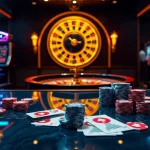 Players immerse in an exciting gambling scene featuring Okwin-themed casino tables and vibrant slot machines.