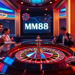 Excited players engaging at the roulette table in a luxurious MM88 casino setting.