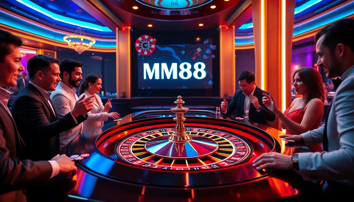 Excited players engaging at the roulette table in a luxurious MM88 casino setting.